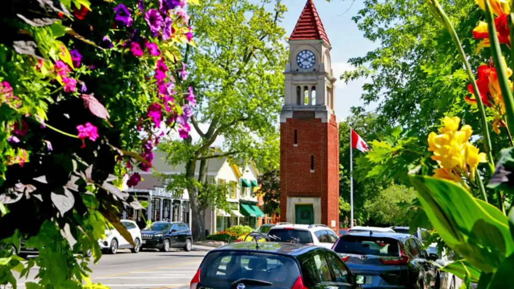 Street view of downtown Niagara-on-the-Lake, featuring the iconic red-brick clock tower, a Canadian flag, colourful summer flowers, and parked cars under a canopy of green trees.