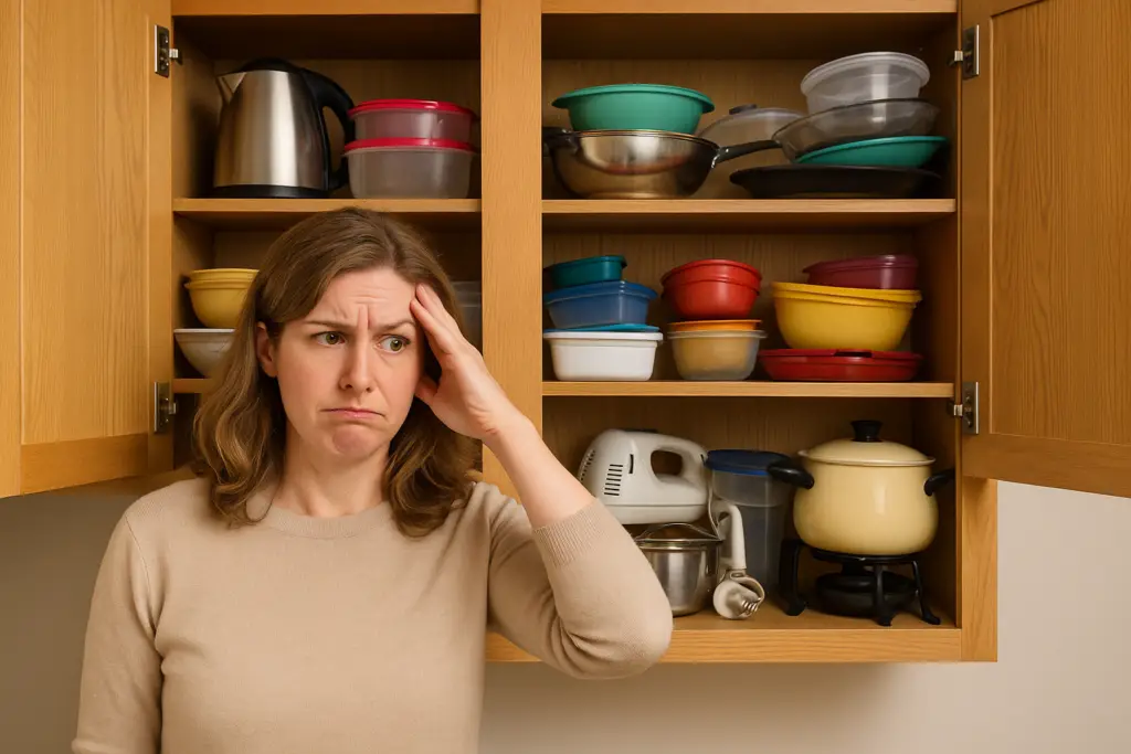 A woman stands in front of an overflowing kitchen cupboard filled with mismatched containers and appliances, looking overwhelmed by the clutter.
