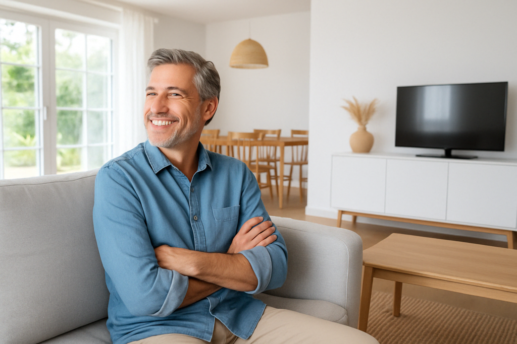 A smiling middle-aged man sits on a sofa in a bright, minimalist living room, looking relaxed and content in a tidy, modern space.