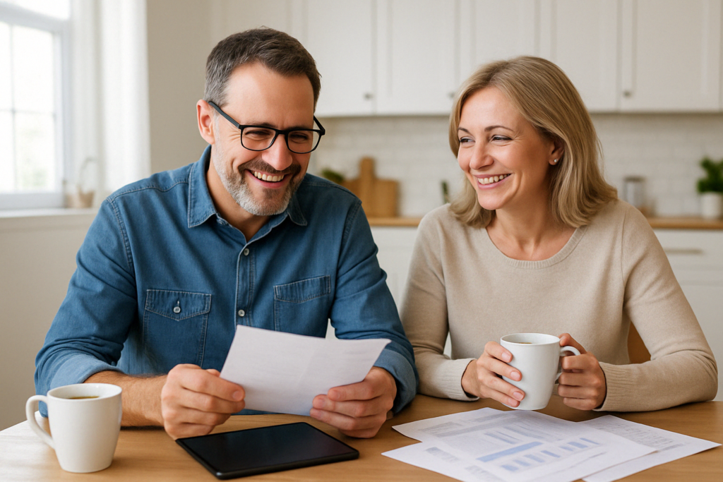 A smiling middle-aged couple sits at a kitchen table with coffee mugs and financial papers, discussing plans in a bright, modern kitchen.