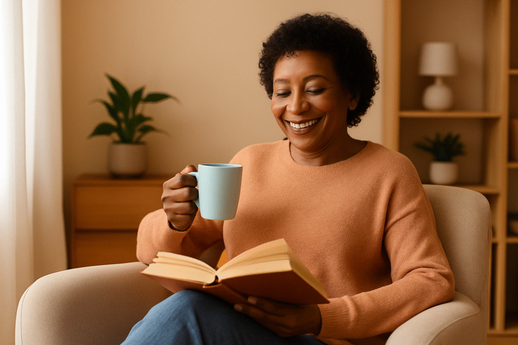 An African American woman in her 50s relaxes in a warm-toned living room, smiling as she reads a book and holds a coffee mug while seated near a window.