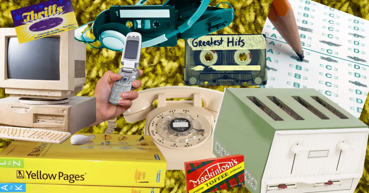 A collage of nostalgic Gen X items including a rotary phone, flip phone, cassette tapes, Walkman, Scantron sheet, Yellow Pages, Thrills gum, Mackintosh’s Toffee, a vintage toaster, and an old desktop computer, all set against a retro background.