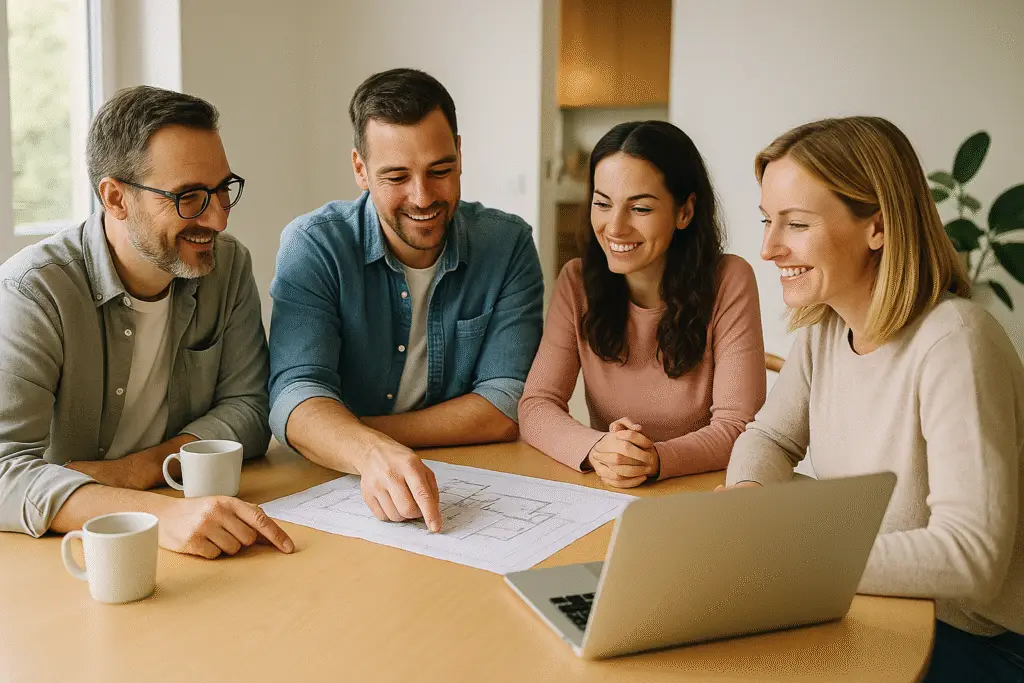 Four Canadian adults gathered around a table, smiling as they plan home renovations together with blueprints and a laptop.