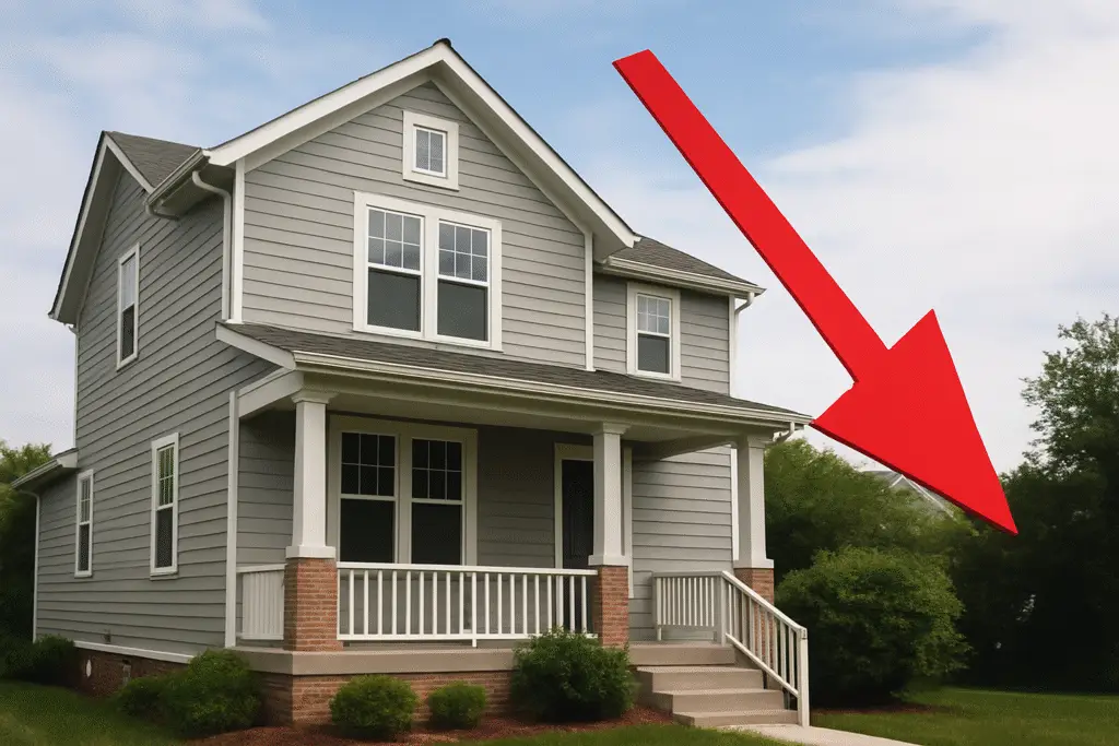 A traditional two-storey Canadian home with a large red downward arrow, symbolizing declining confidence in the housing market.