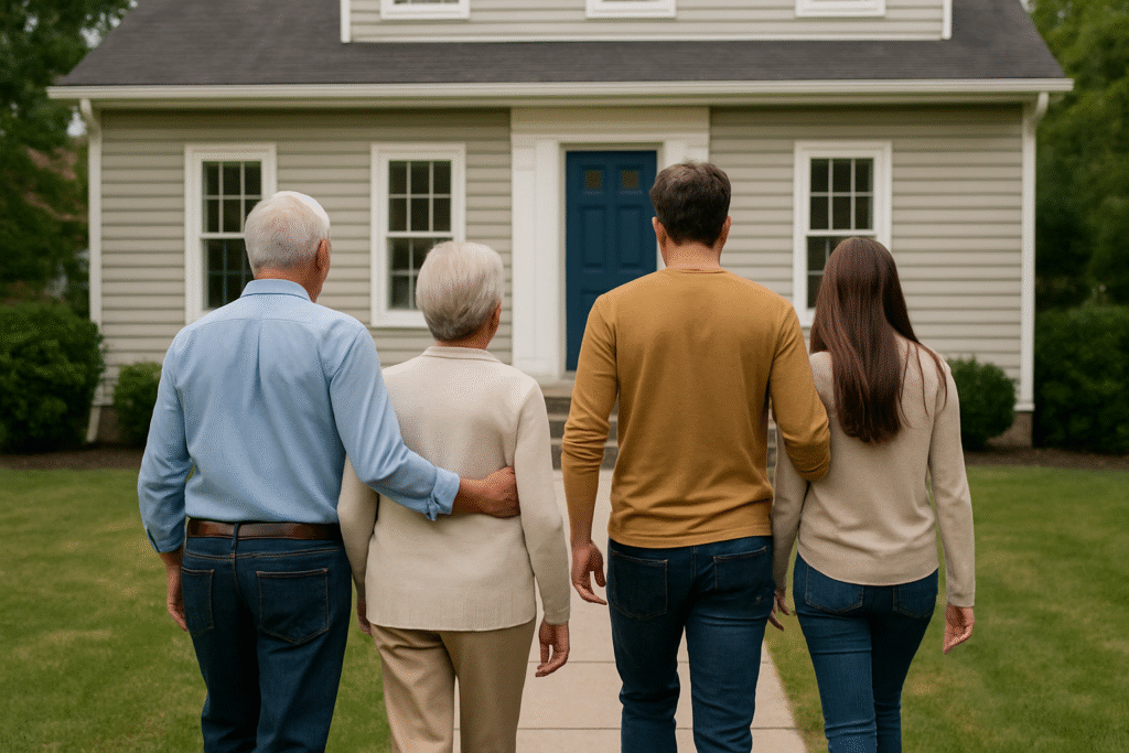 Three generations of a Canadian family walking together toward a suburban home, symbolizing intergenerational support for buying a first home.