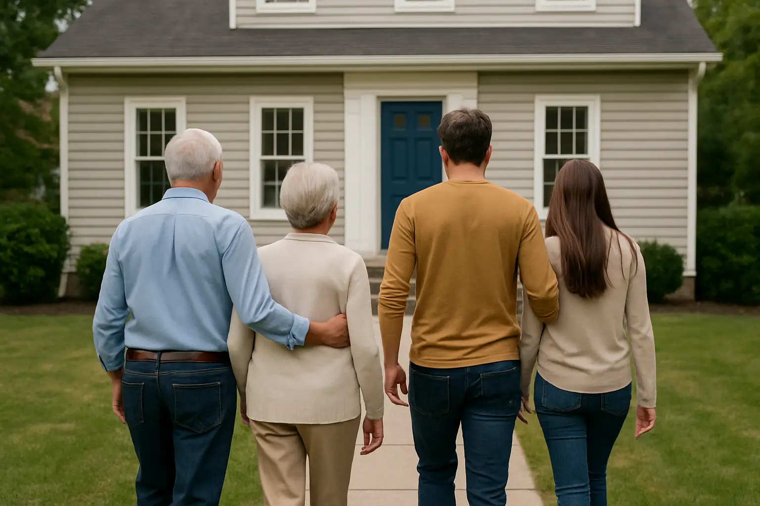 Three generations of a Canadian family walking together toward a suburban home, symbolizing intergenerational support for buying a first home.