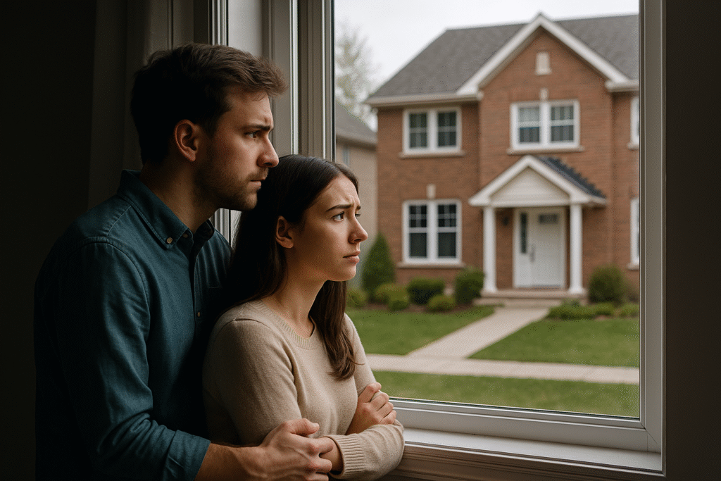 Young Canadian couple standing by a window, gazing at a home across the street with a sense of uncertainty and longing.