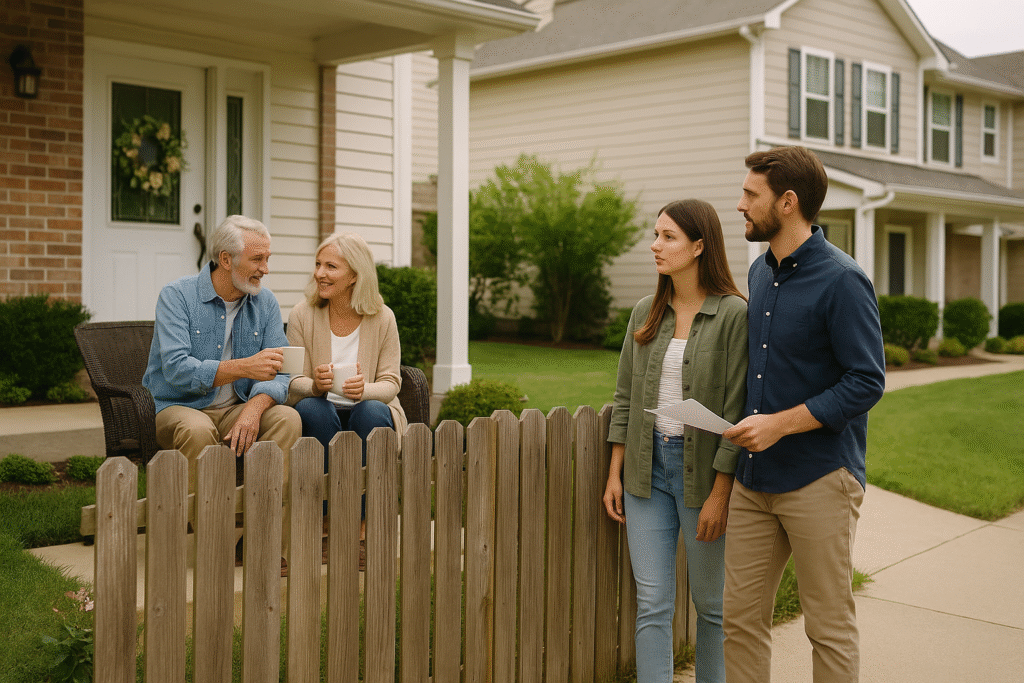 Older couple enjoying coffee on their porch while a younger couple stands outside the fence looking at the home, symbolizing generational housing divide.