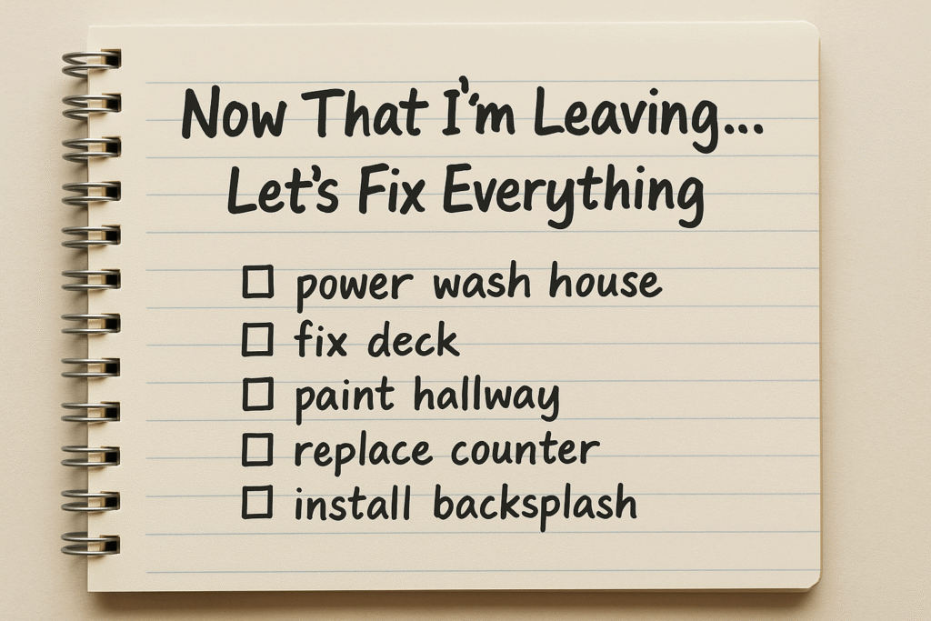 A spiral-bound notepad with the handwritten title “Now That I'm Leaving… Let’s Fix Everything” and a checklist of home improvement tasks, including power washing, fixing the deck, painting, replacing the counter, and installing a backsplash.