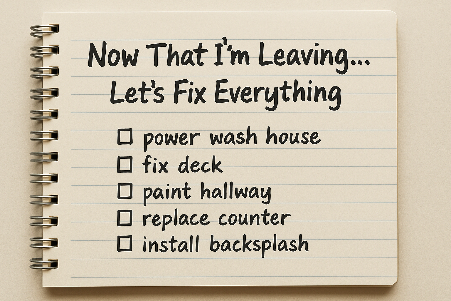 A spiral-bound notepad with the handwritten title “Now That I'm Leaving… Let’s Fix Everything” and a checklist of home improvement tasks, including power washing, fixing the deck, painting, replacing the counter, and installing a backsplash.