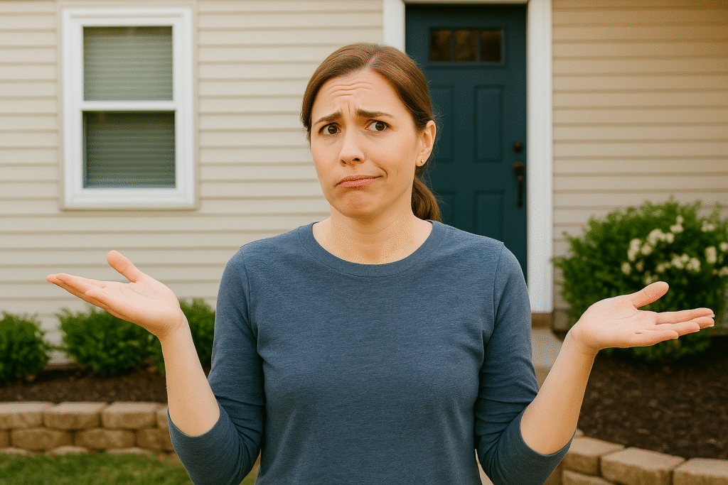 A woman stands outside her home with raised eyebrows and her arms outstretched in a confused shrug, wearing a blue long-sleeve shirt. The house behind her features beige siding, a navy blue door, and tidy landscaping.