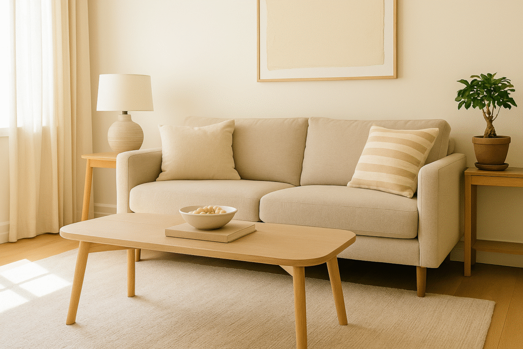 A perfectly staged living room with a beige sofa, two matching pillows, a light wood coffee table, and soft natural lighting. The space includes minimal decor, a table lamp, and a potted plant, giving it a calm and welcoming feel.