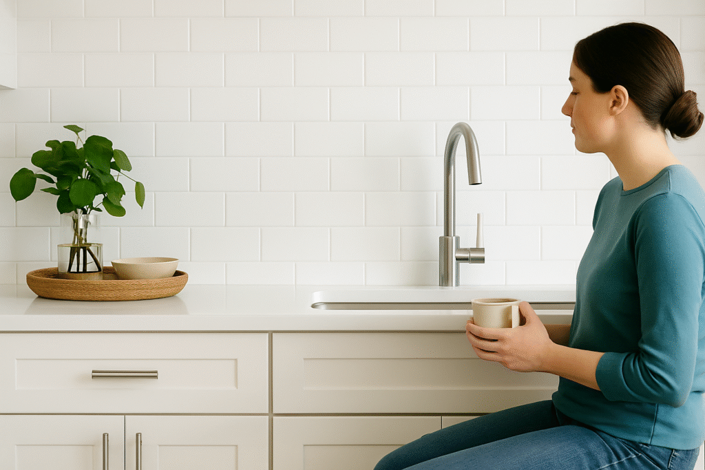 A woman sits at a bright white kitchen counter, holding a mug and facing a shiny white subway tile backsplash. The space features a stainless steel faucet, white cabinets with modern handles, and a simple wooden tray with a small plant and bowl.