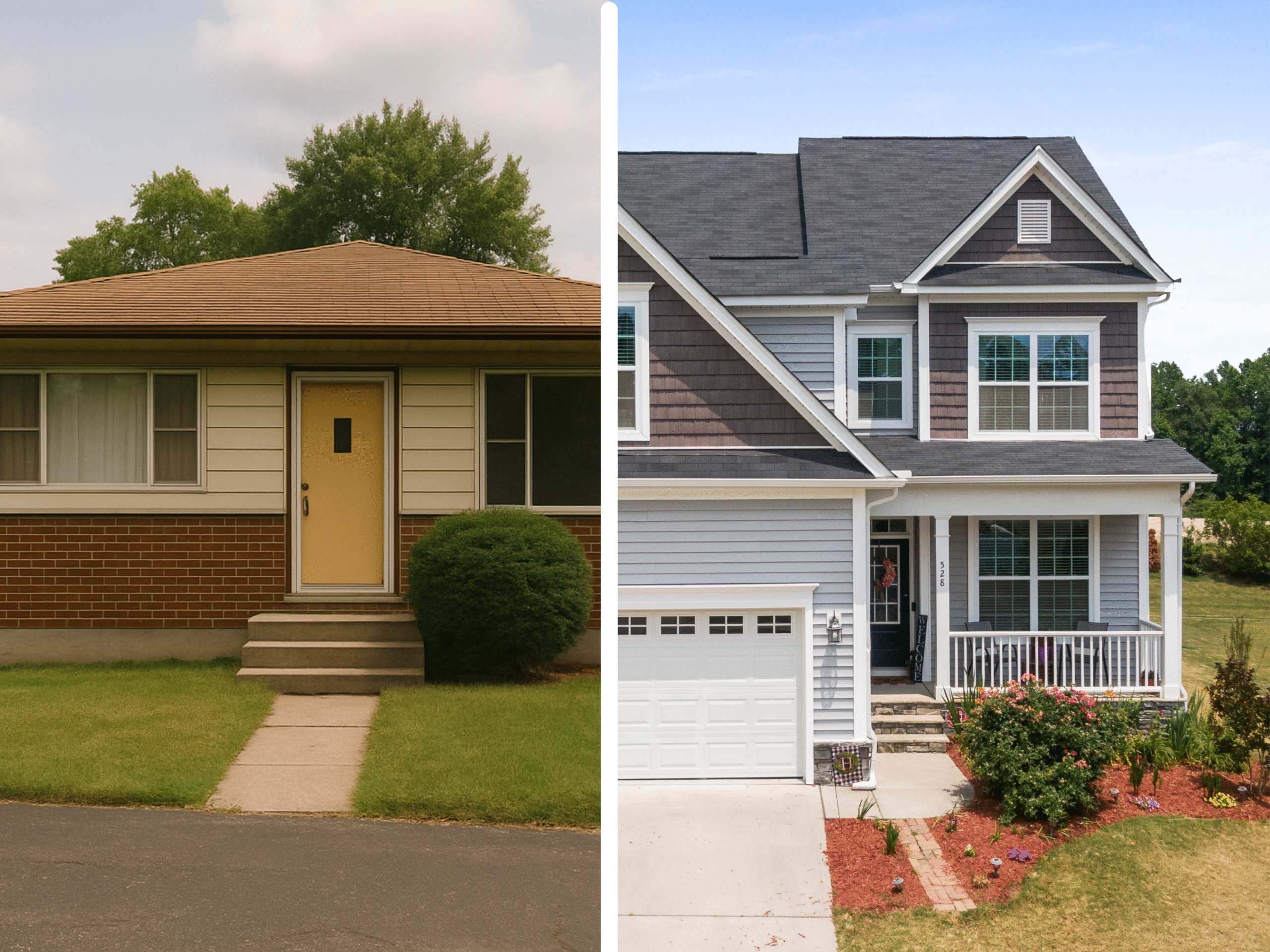 Side-by-side image of a 1970s single-storey home with minimal landscaping next to a modern two-storey house with a front porch, garage, and detailed flower beds.