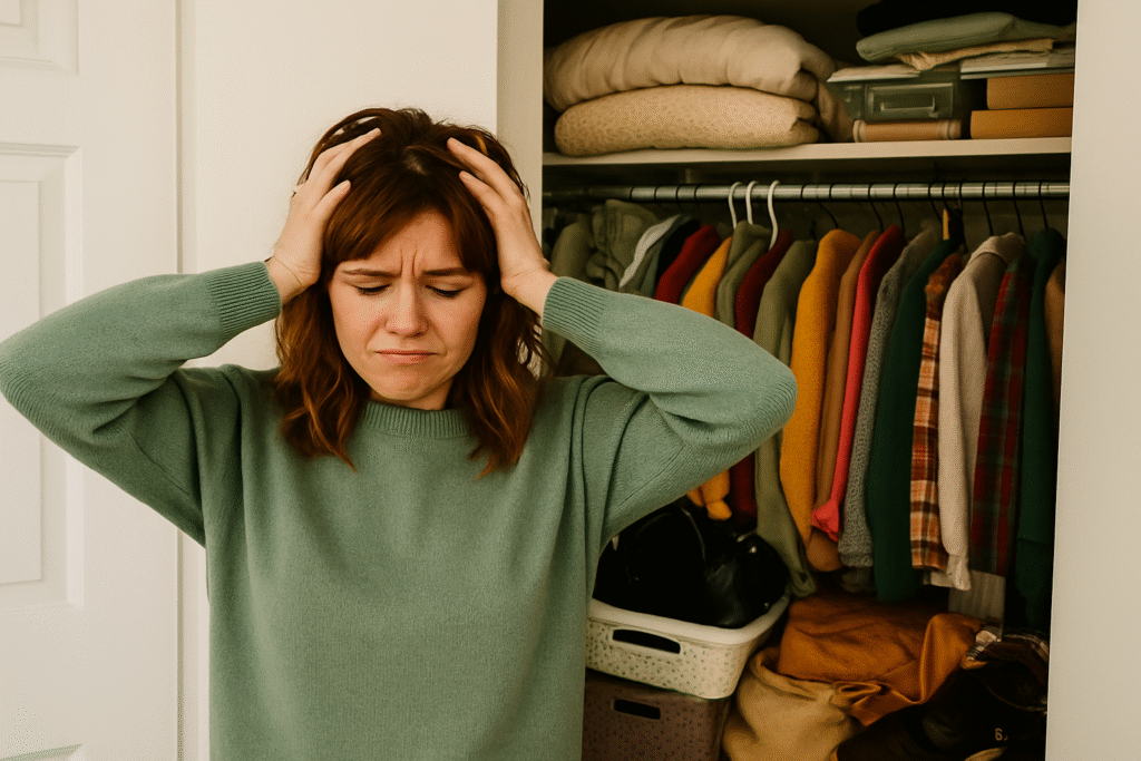 A woman with a stressed expression stands in front of an overflowing, disorganized closet filled with clothes, boxes, and random household items.