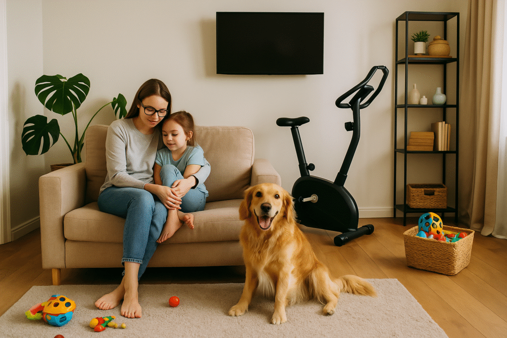 A sunlit living room filled with everyday items, including a stationary bike, wall-mounted TV, a toy basket, and a relaxed dog lying on the rug—capturing the warmth and multitasking reality of a lived-in family space.