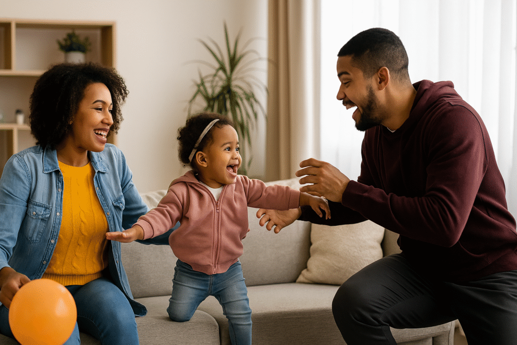 A young family laughing and playing together in a bright, modern living room, highlighting the energy and activity that homes need to support as life evolves.