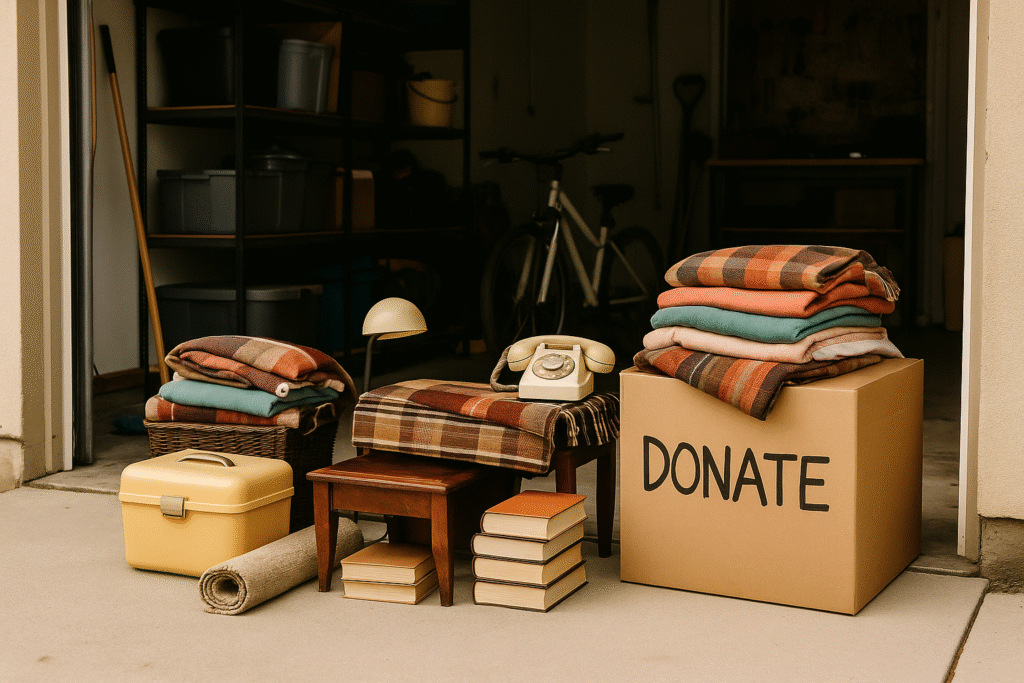 A realistic open garage with a visible donation pile near the doorway, surrounded by everyday items like boxes, tools, and household storage.