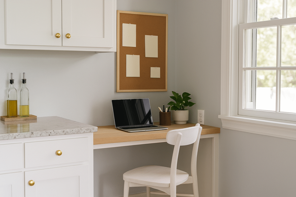 A small home office workspace set up in the corner of a kitchen, featuring a laptop on a wood desk, a chair, and a corkboard, symbolizing limited space and everyday compromises.
