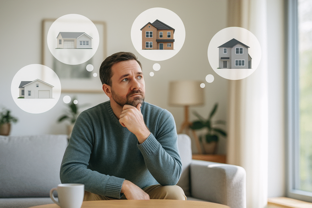 A middle-aged man sits quietly in a sunlit living room, appearing deep in thought as faint overlays of various housing options surround him, symbolizing reflection on whether his current home still suits his lifestyle.