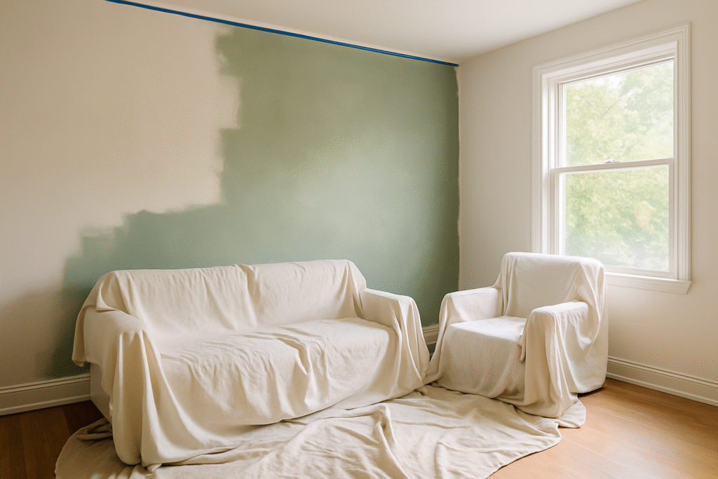 A living room with furniture covered in drop cloths and a wall partially painted, capturing a home renovation project that was started but never finished.
