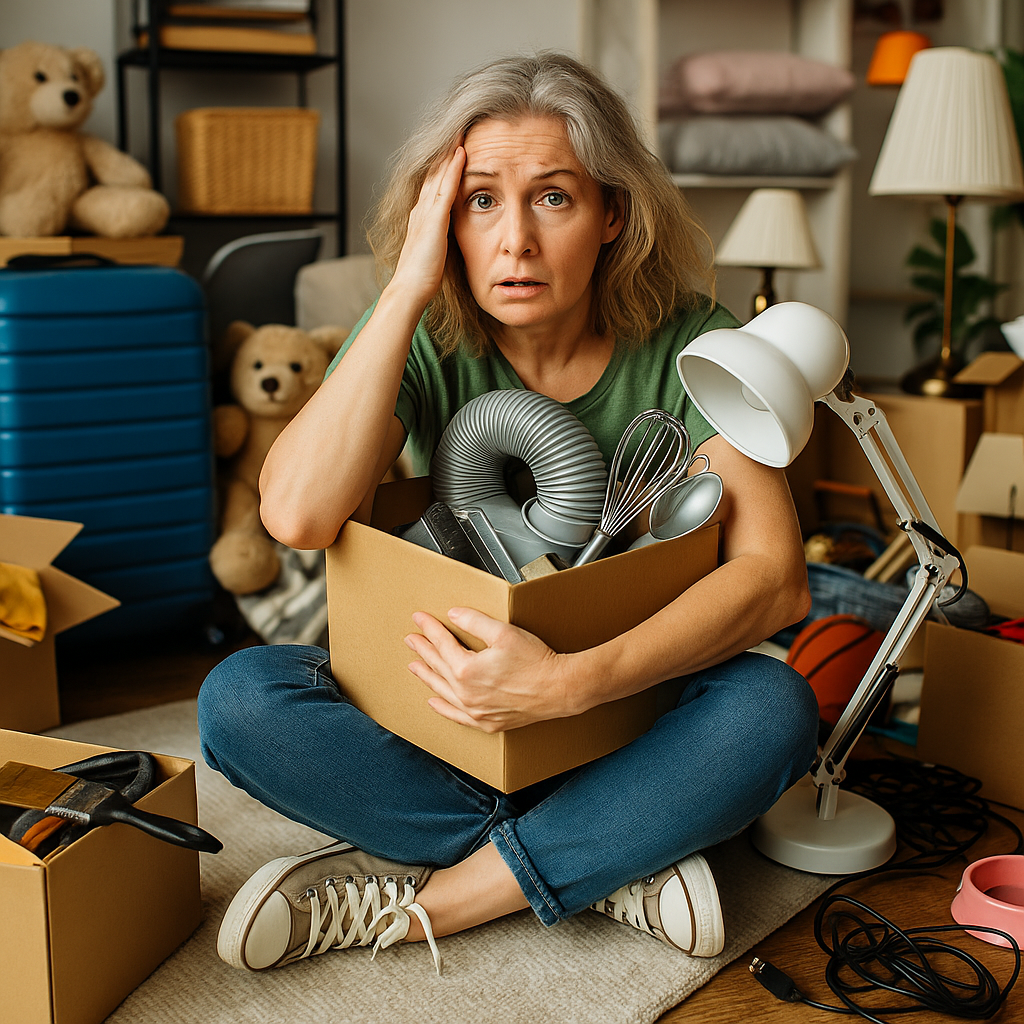 A confused woman sitting in a chaotic room mid-declutter, surrounded by donation boxes, mismatched storage bins, and random household items in motion.