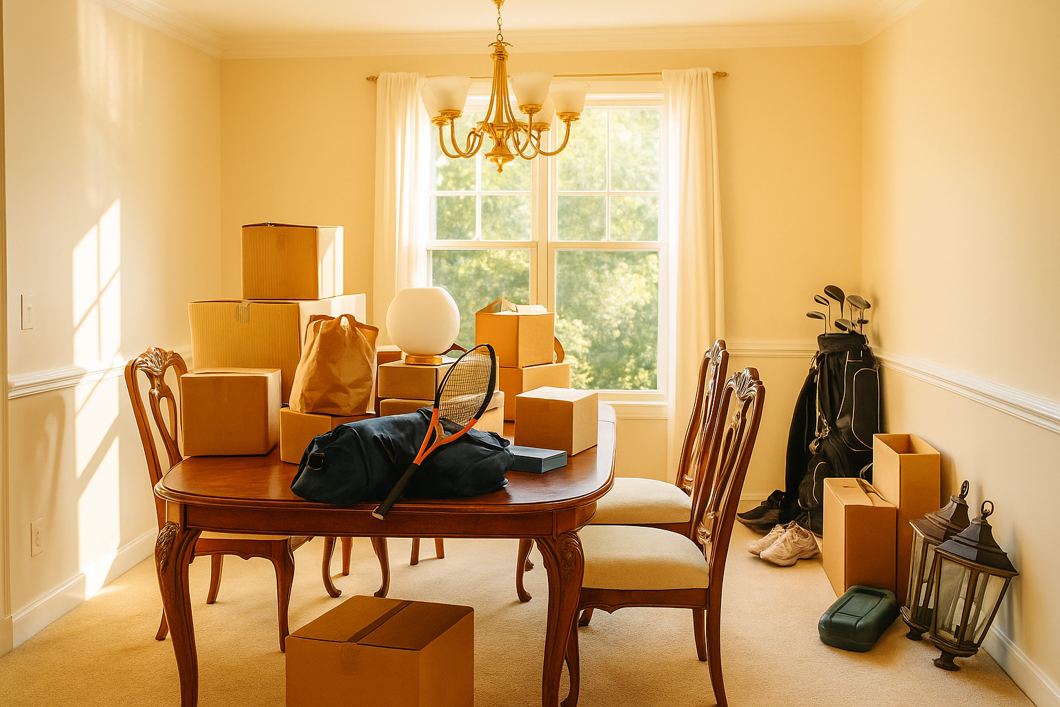 A bright dining room with sunlight streaming in, showing a traditional wooden dining table cluttered with moving boxes, a duffel bag, and sports equipment, reflecting a space that’s no longer used as intended.
