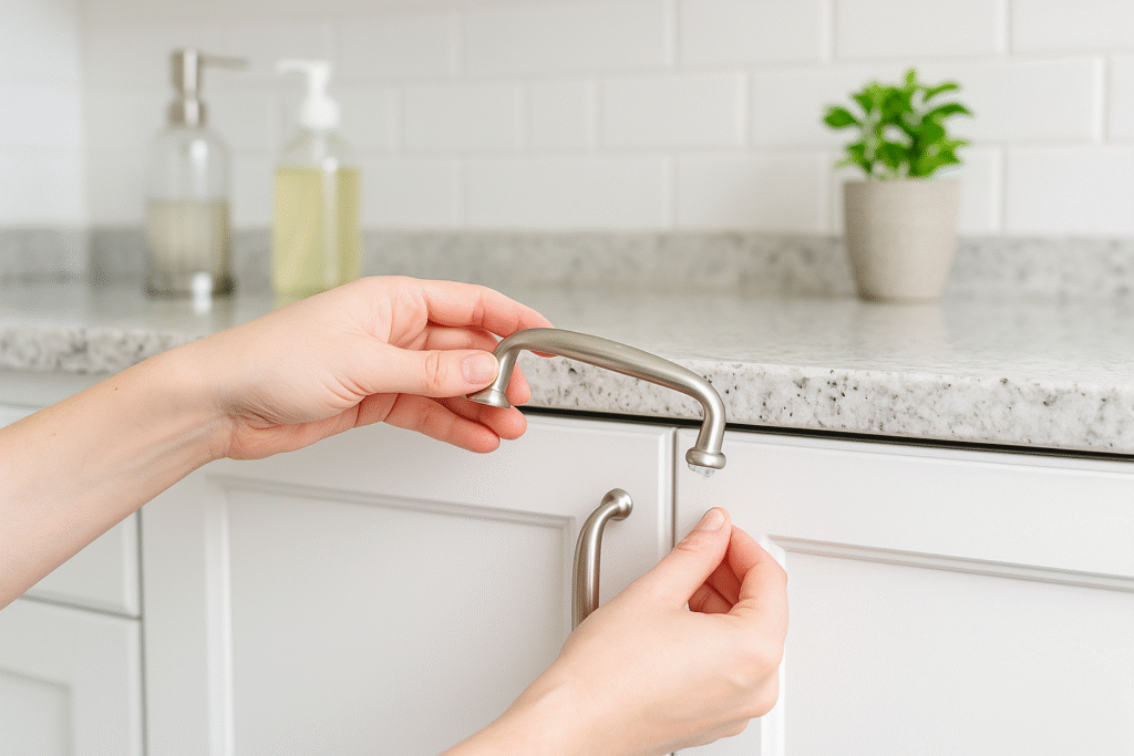 Hands holding a loose cabinet handle above a granite countertop in a bright, white kitchen with a plant and soap dispensers in the background