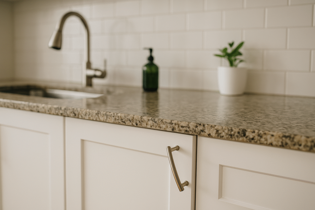 Loose cabinet handle hanging off a white drawer in a bright kitchen with granite countertop, green soap dispenser, and a white potted plant