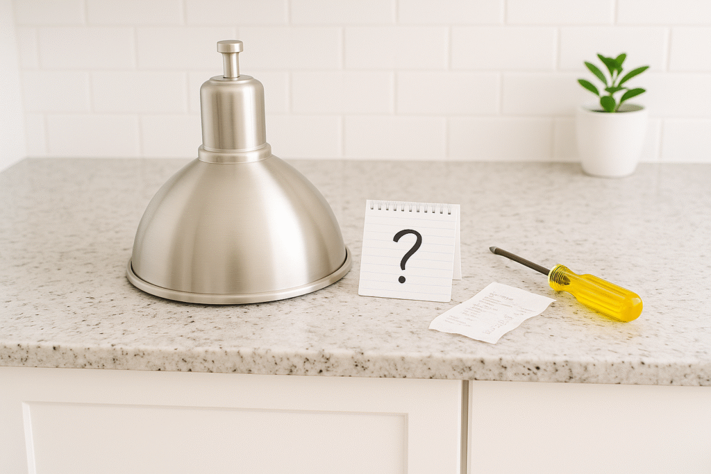 A bright, white-toned kitchen with a modern pendant light being installed above a clean quartz countertop, conveying decision-making around upgrades.