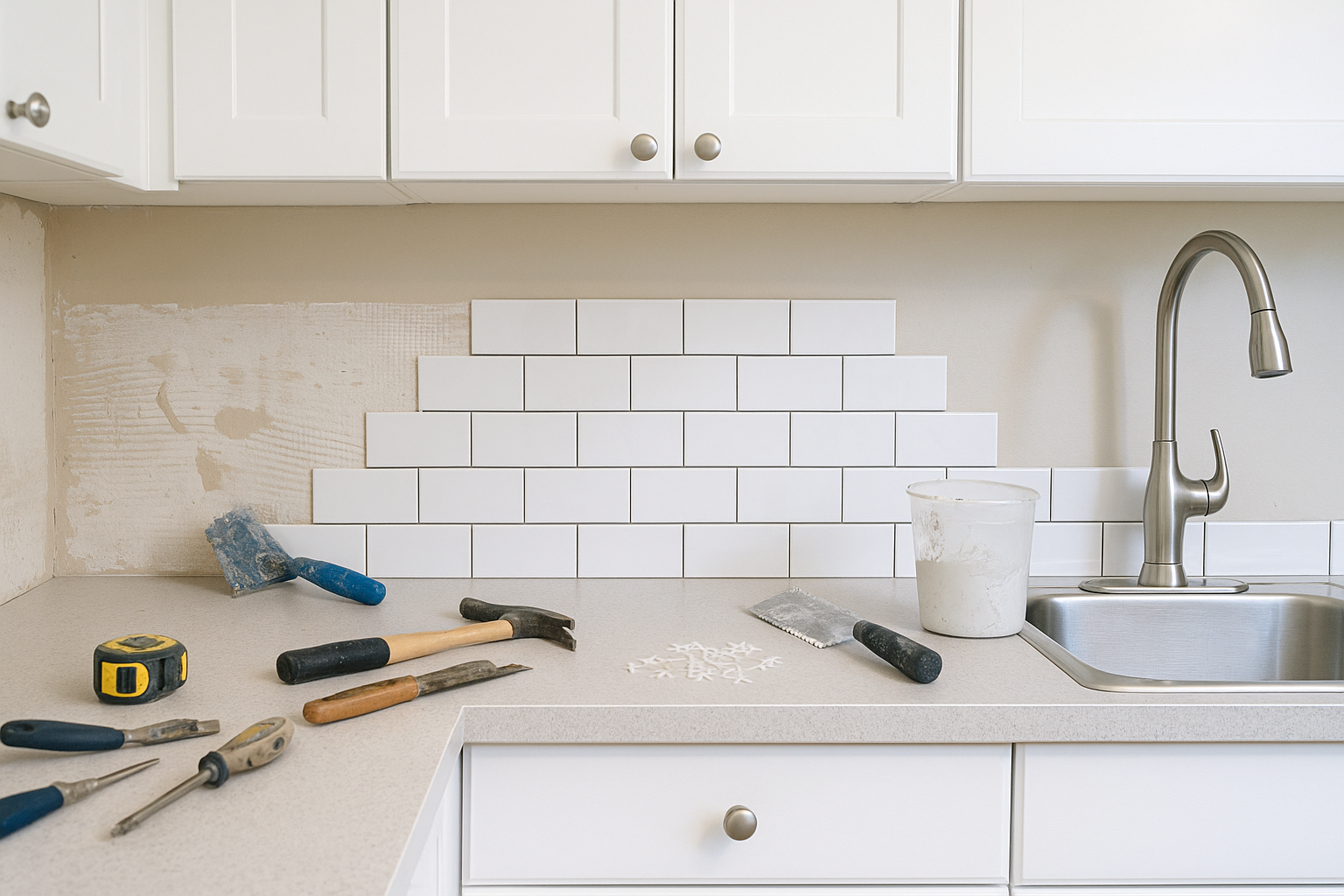 Partially installed white subway tile backsplash with renovation tools on a kitchen counter