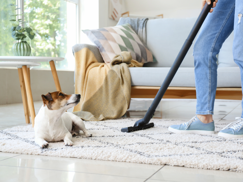 Woman vacuuming a living room rug in jeans with a small dog lying on the carpet watching her.