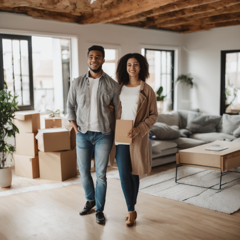 Young couple smiling in a modern living room with moving boxes, preparing to start life in a new home