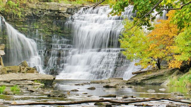 Ball’s Falls waterfall cascading over rock ledges surrounded by autumn trees in the Niagara Region.