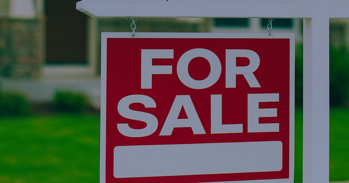 Red "For Sale" sign in front of a house with a green lawn, representing a home listed on the real estate market.