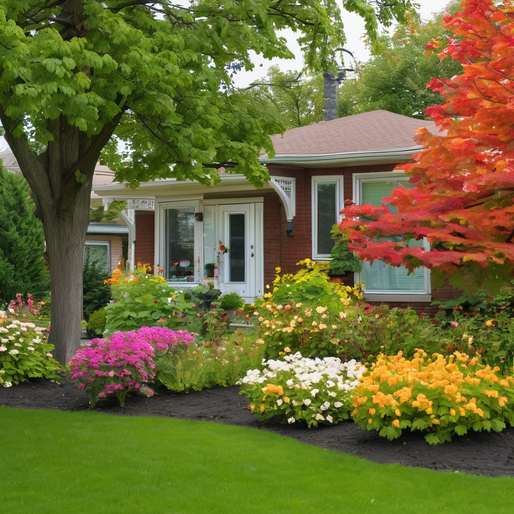 Cozy bungalow in Niagara Region with autumn trees and flower garden – downsizing-friendly home