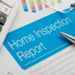Close-up of a home inspection report with a calculator and pen.