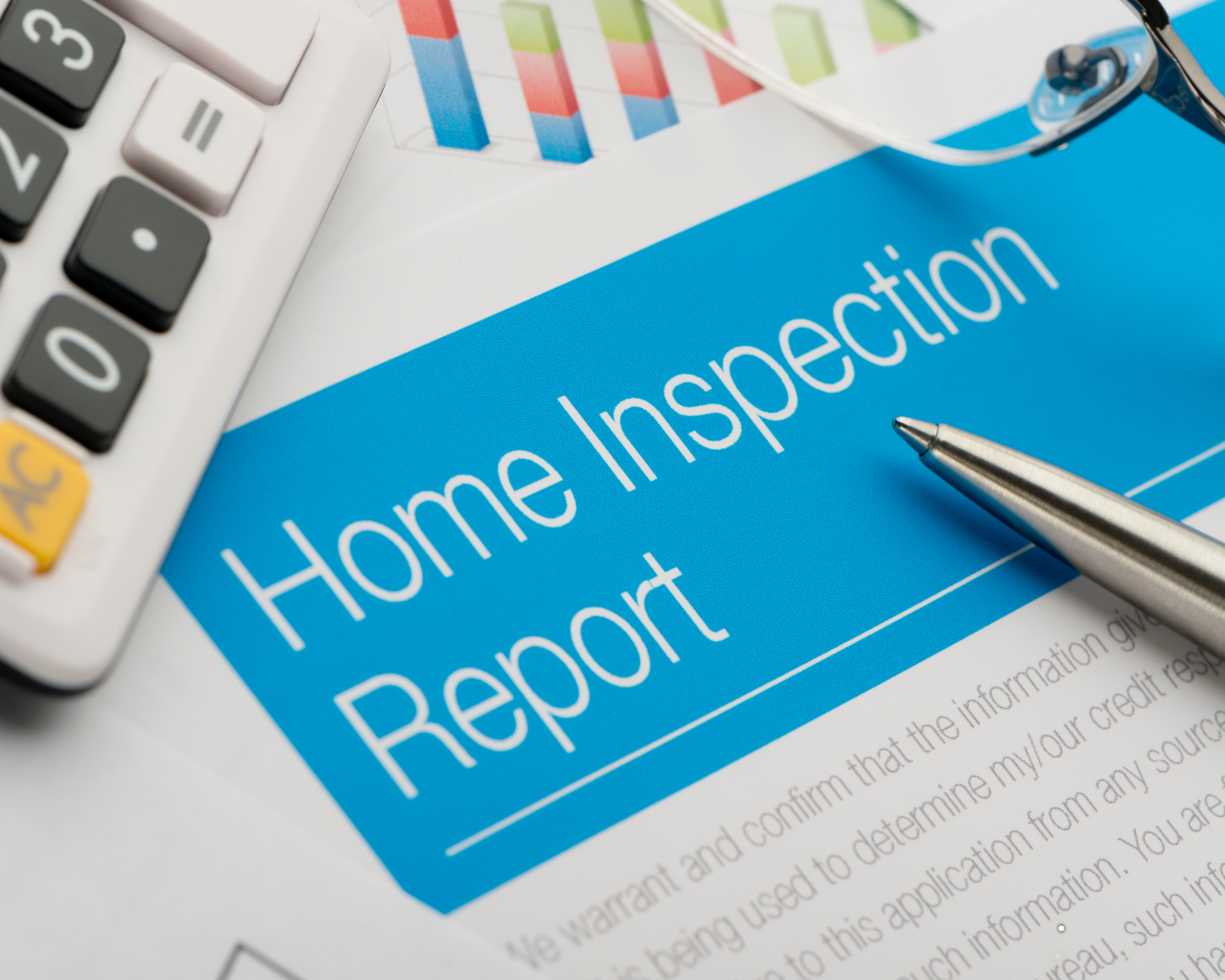 Close-up of a home inspection report with a calculator and pen.