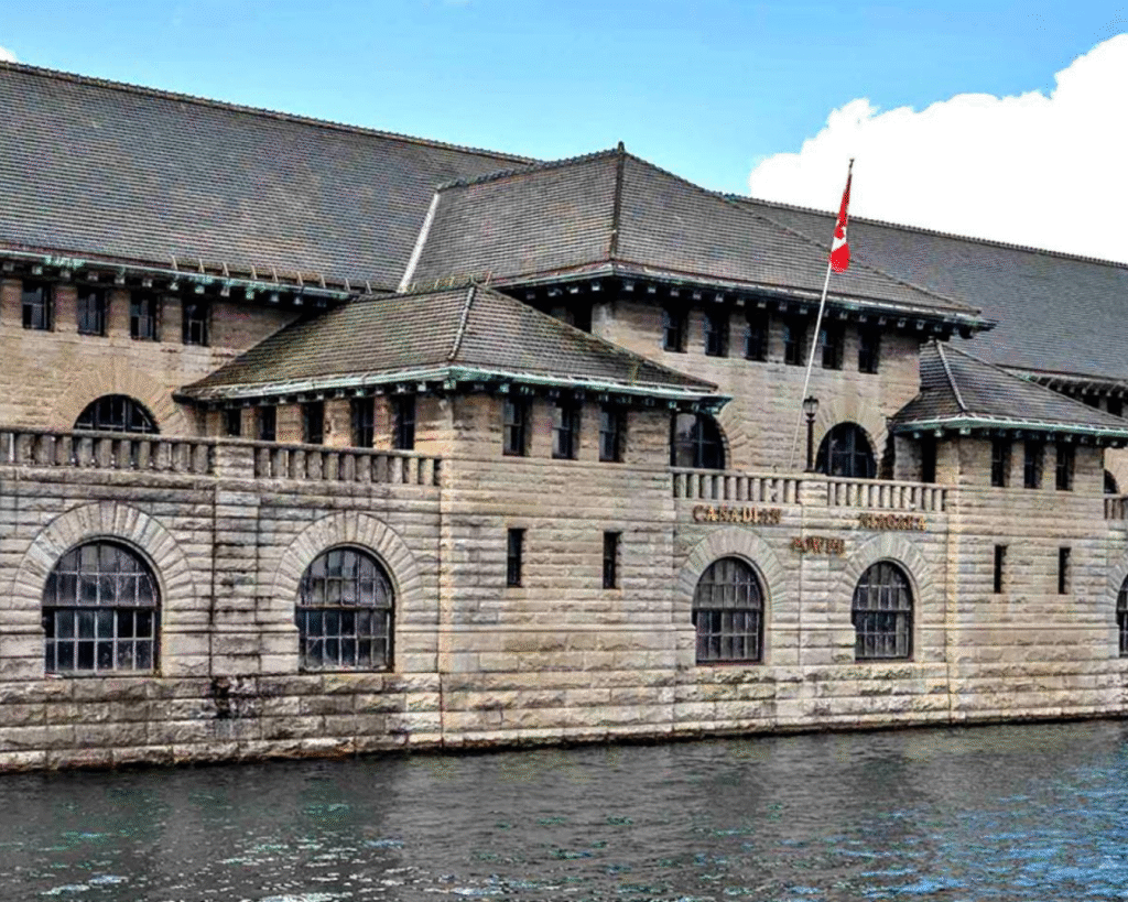 Historic Ontario Power Generating Station building along the Niagara River.